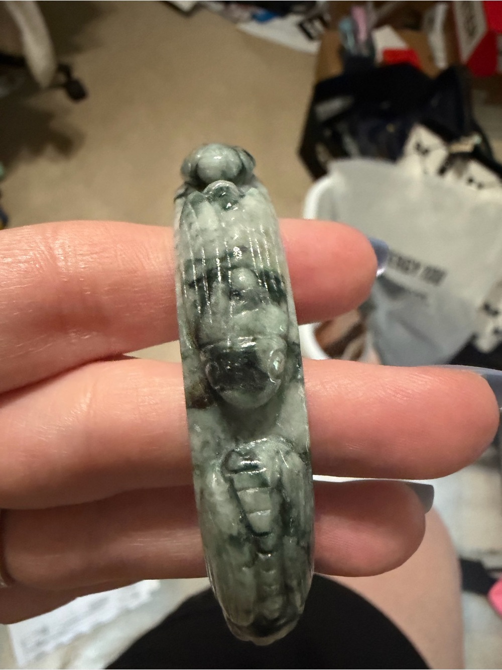 Hand-Carved Green Stone Bangle Bracelet 61.5
